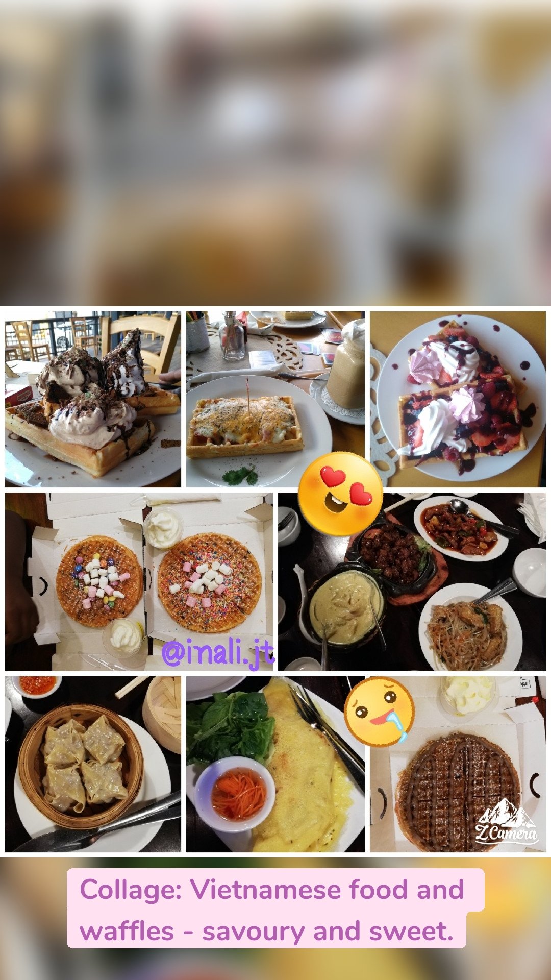 Collage: Vietnamese food and waffles - savoury and sweet.